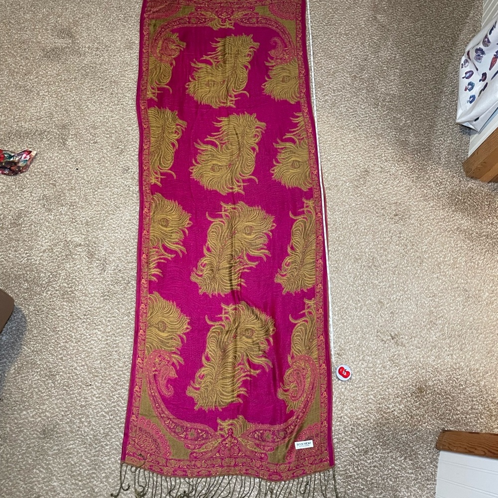 Pashmina Vibrant Pink and Gold Scarf with Fringe